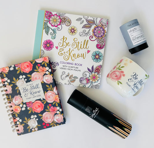 Be Still & Know encouragement gift box inspired by Psalm 46:10 with journal, mug, tea, and creative self-care items