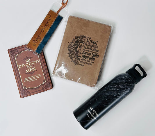 Be Strong & Courageous Box - Men's Devotional, Lion Journal, Bookmark & Water Bottle