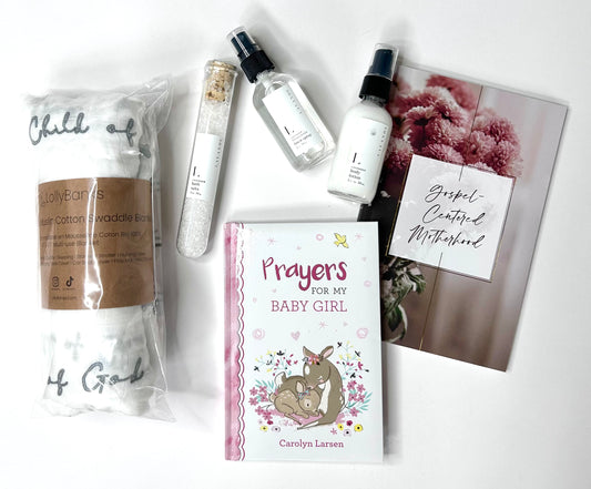 Flat lay of all 6 New Mom & Baby Girl Blessing Box items on white background showing each item clearly