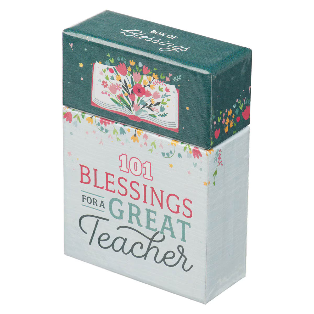 Front view of 101 Blessings for a Great Teacher Box of Blessings with teal lid and tulip design