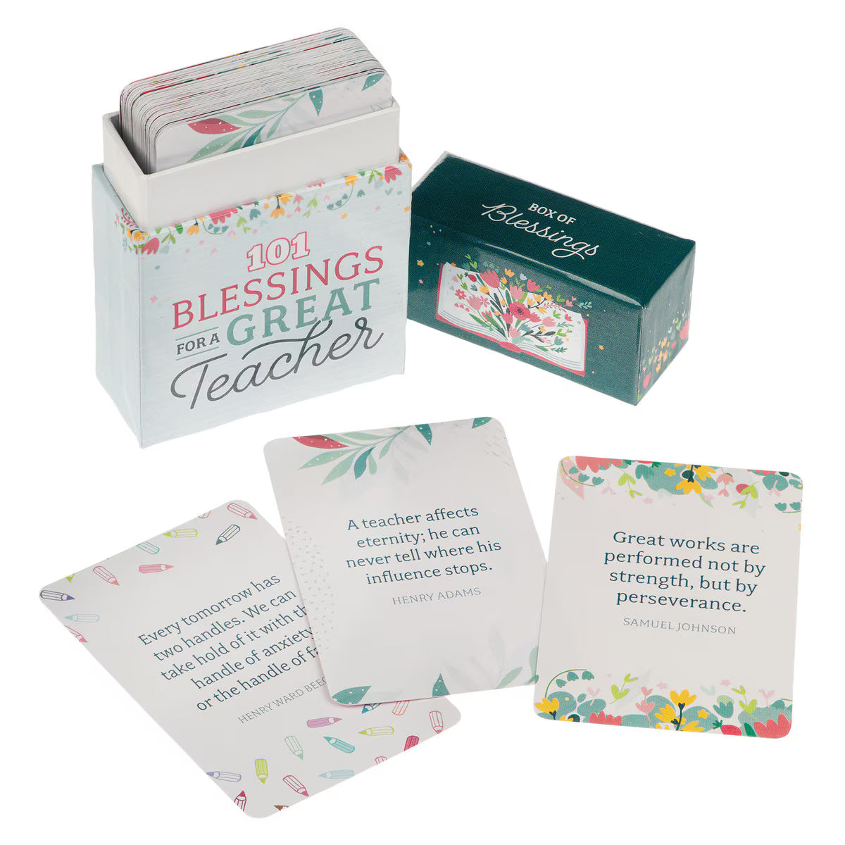 101 Blessings for a Great Teacher Box open with three double-sided blessing cards displayed with quotes and floral designs.