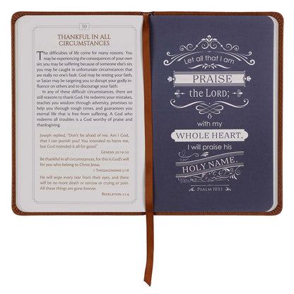 Inside spread of 101 Devotions for Men devotional showing daily reading format with devotional passage and supporting Scripture verses - two-color interior with stylized verses on tan and navy accent pages for men's spiritual growth