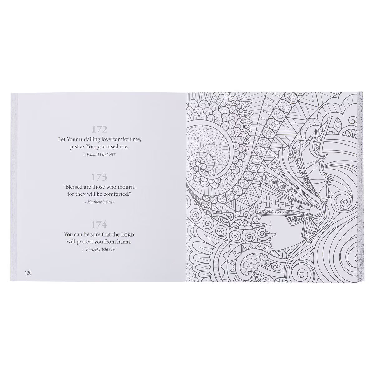 Inside spread of 365 Promises from God's Word coloring book showing three Bible verses on left page and intricate coloring page design on right page - scripture meditation and therapeutic coloring for anxiety and peace