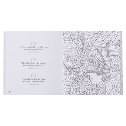Inside spread of 365 Promises from God's Word coloring book showing three Bible verses on left page and intricate coloring page design on right page - scripture meditation and therapeutic coloring for anxiety and peace