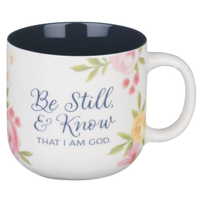 Be still & Know painted peonies ceramic coffee mug with psalm 46:10 verse