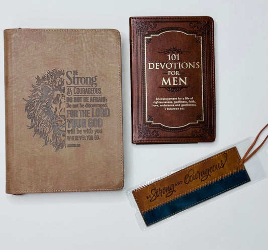 Be Strong & Courageous gift set items displayed showing front covers - 101 Devotions for Men tawny brown devotional with 1 Timothy 6:11, lion tan journal with Joshua 1:9, and butterscotch navy bookmark - Christian men's gift