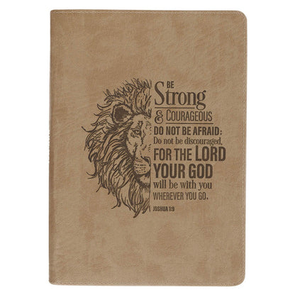 Be Strong and Courageous lion tan faux leather journal front cover with heat-debossed lion face design and Joshua 1:9 verse - men's Christian journal with zipper closure for prayers, reflections and daily devotions
