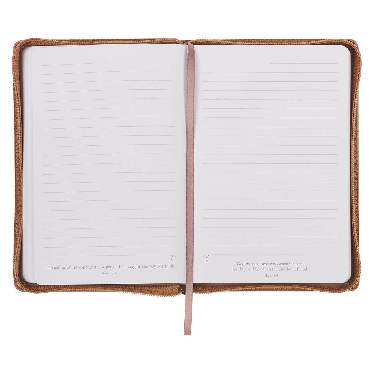 Inside pages of Be Strong and Courageous lion journal showing lined pages with Bible verses at bottom and ribbon bookmark - 336 pages for journaling prayers, goals and reflections with daily Scripture encouragement