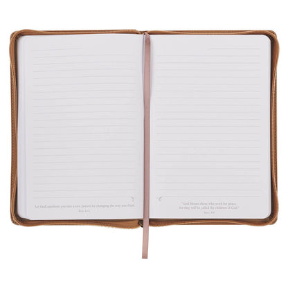 Inside pages of Be Strong and Courageous lion journal showing lined pages with Bible verses at bottom and ribbon bookmark - 336 pages for journaling prayers, goals and reflections with daily Scripture encouragement
