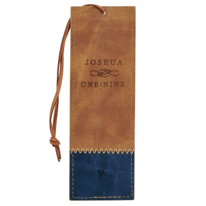 Back view of Be Strong and Courageous butterscotch and navy faux leather bookmark showing Joshua 1:9 Scripture reference - durable bookmark with tan topstitching for Bible study and devotional reading