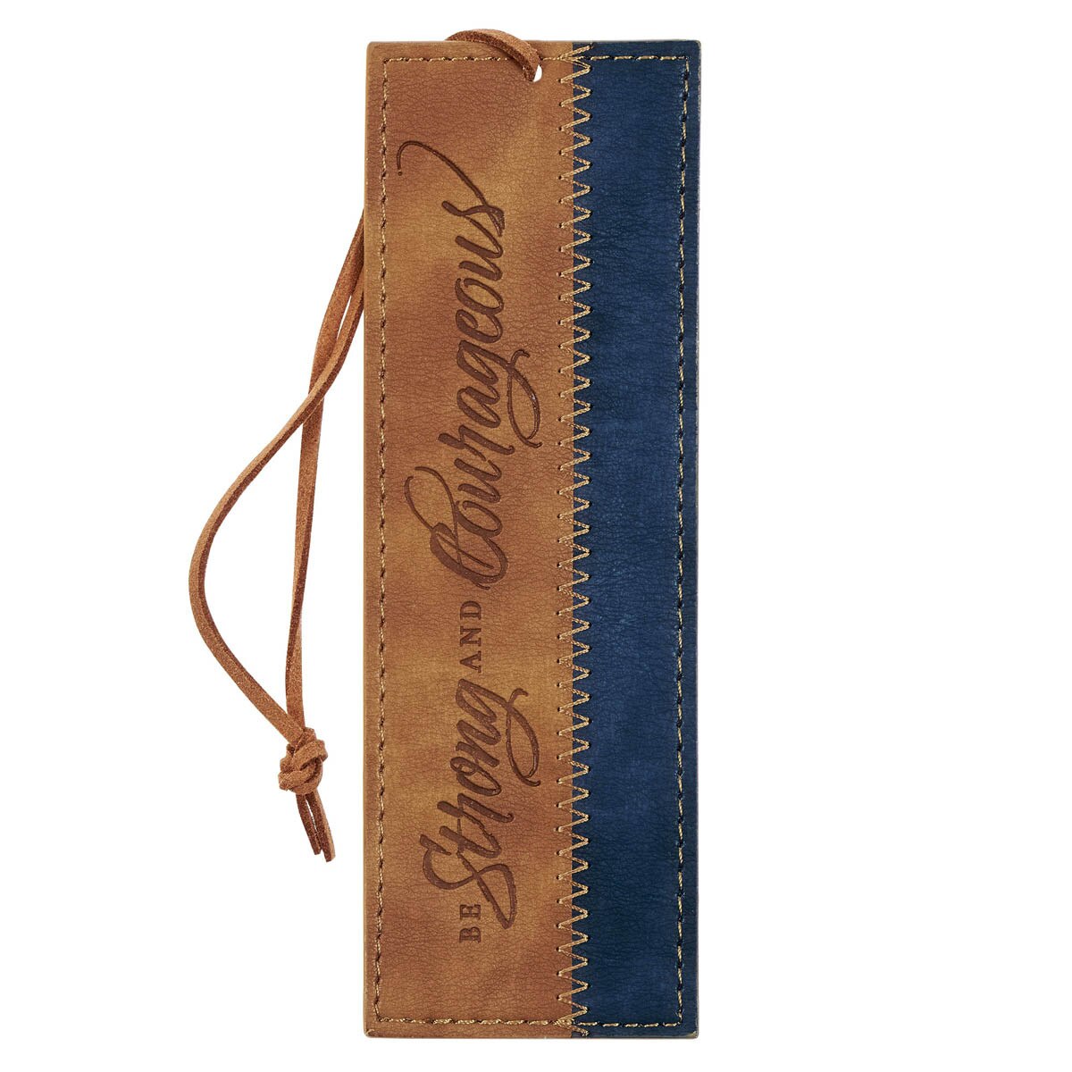 Be Strong and Courageous butterscotch and navy faux leather bookmark front view with heat-debossed text and Joshua 1:9 verse - two-panel design with tan zigzag topstitching and leather cord for marking Bible passages