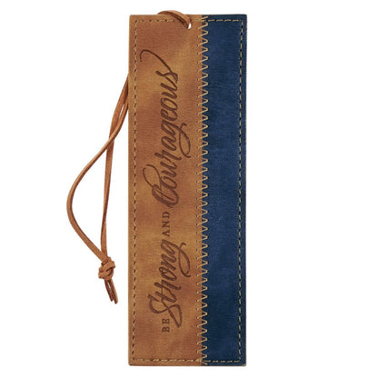 Be Strong and Courageous butterscotch and navy faux leather bookmark front view with heat-debossed text and Joshua 1:9 verse - two-panel design with tan zigzag topstitching and leather cord for marking Bible passages