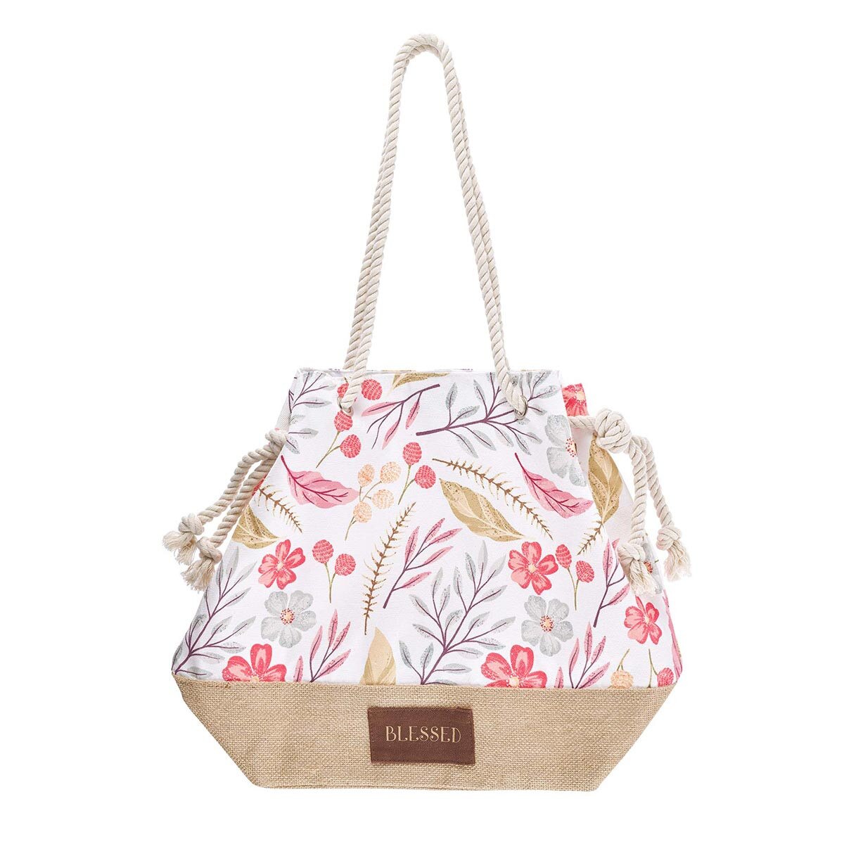 Front view of Blessed canvas tote bag with natural rope handles pulled up showing blessed message and sturdy construction - reusable Christian tote for shopping, beach, park, overnight trip, church, Bible study and everyday use