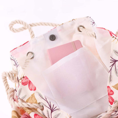 Inside view of Blessed canvas tote bag showing lined interior with interior pocket and magnetic snap closure - quality construction with functional storage for organizing essentials