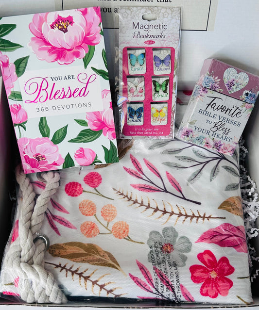 Blessed care box with You Are Blessed devotional, Favorite Bible Verses Box of Blessings cards, Blessed canvas tote bag with rope handles and Butterfly Blessings magnetic bookmarks arranged in Soul Haven gift box