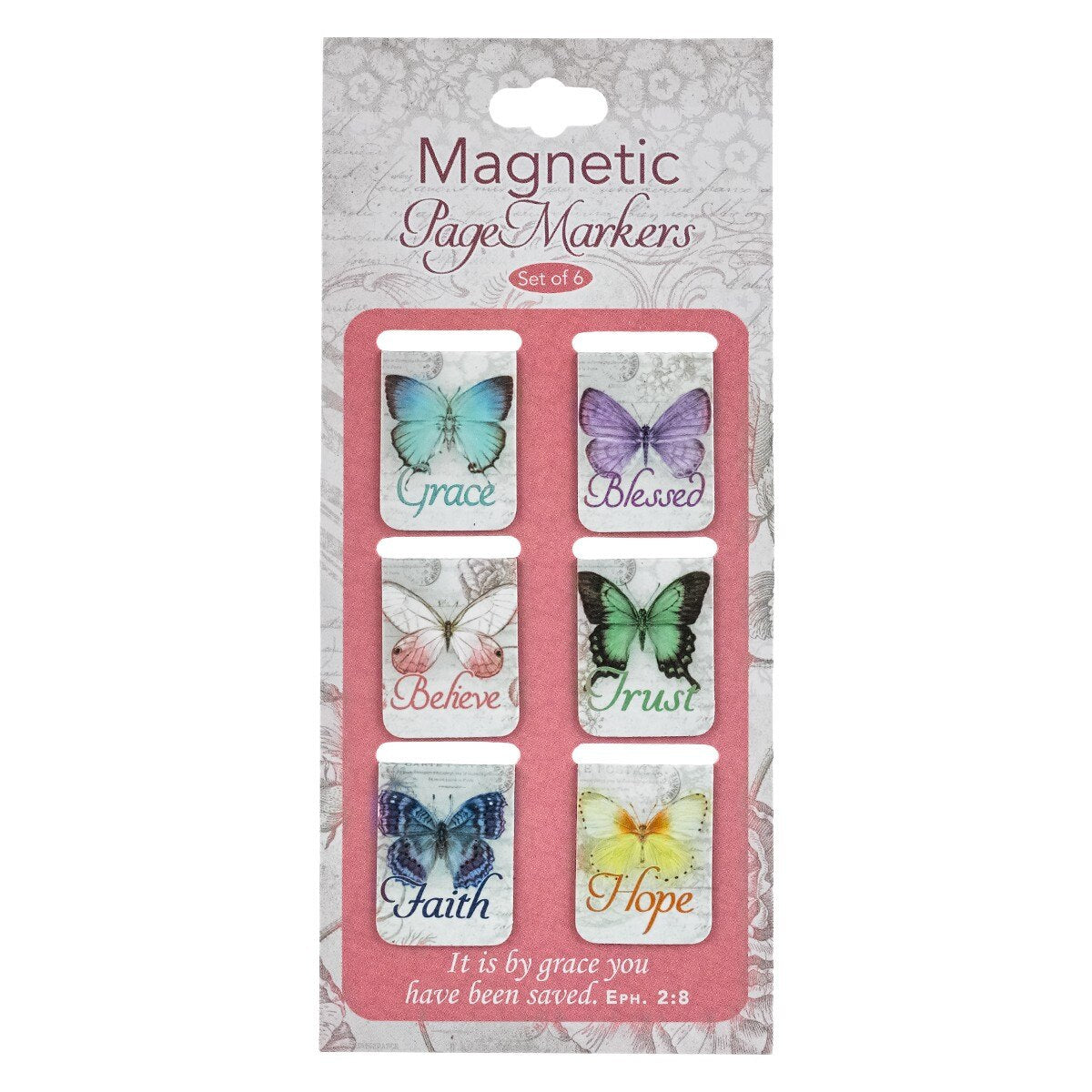 Butterfly Blessings mini magnetic bookmark set of 6 showing colorful butterfly designs with inspirational words Grace, Blessed, Believe, Trust, Faith and Hope - Christian bookmarks for Bible study and devotional reading