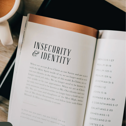 Inside spread of Daily Truth for Men showing Insecurity & Identity topic with Scripture verses and biblical encouragement - topical guide helping men find their identity in Christ and overcome insecurity through God's Word