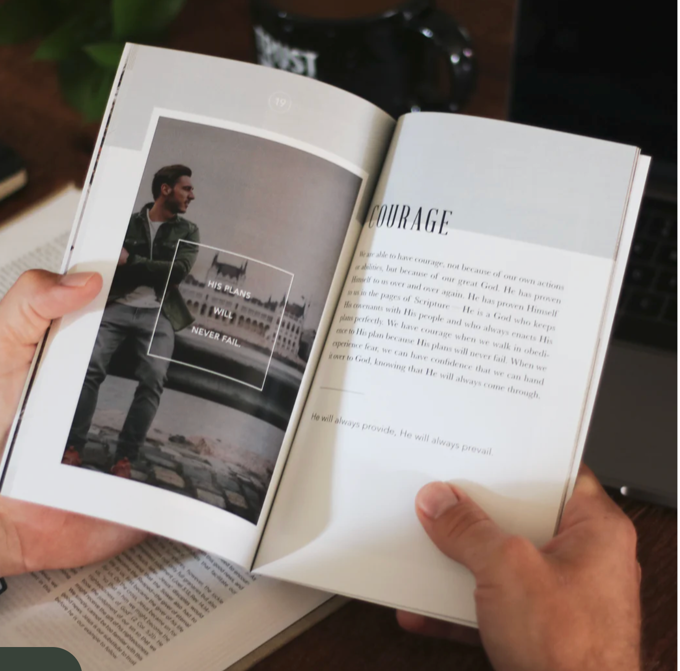 Inside spread of Daily Truth for Men showing Courage topic with Scripture verses and encouragement - topical reference guide with 25 life topics including worry, waiting, loneliness, anger and courage for finding relevant Bible passages