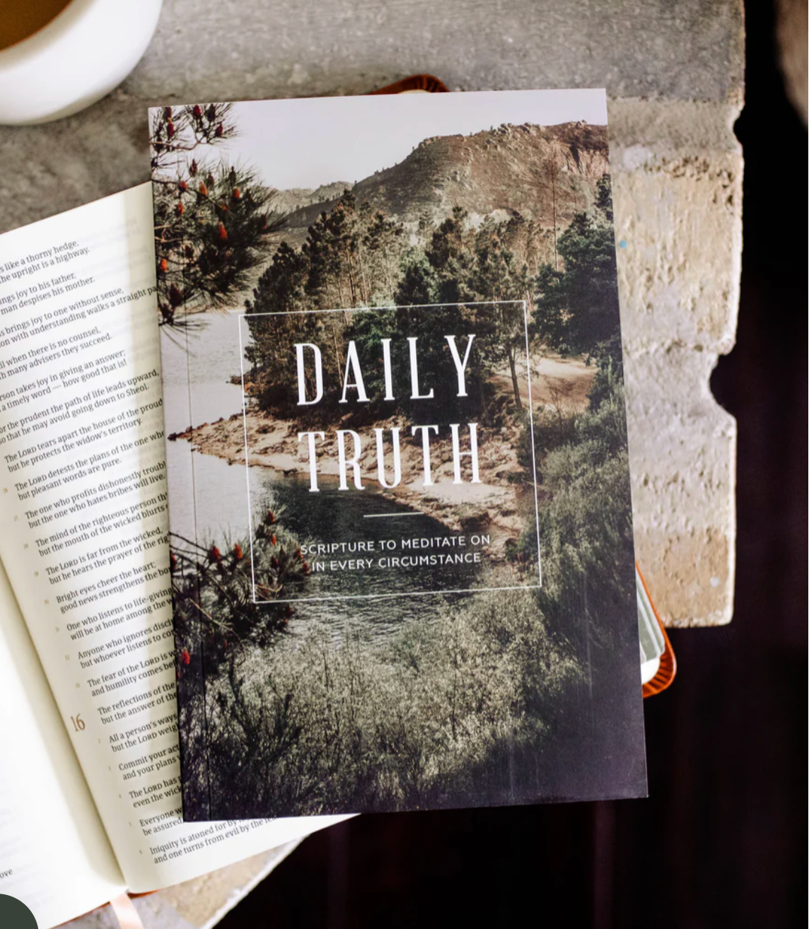 Daily Truth for Men devotional cover on open Bible showing Scripture to meditate on in every circumstance - topical Scripture reference guide for 25 life situations including worry, waiting, loneliness and anger - Christian men's devotional resource