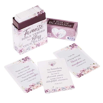 Favorite Bible Verses to Bless Your Heart Box of Blessings opened with three sample Scripture blessing cards displayed showing inspirational Bible verses for daily encouragement and faith