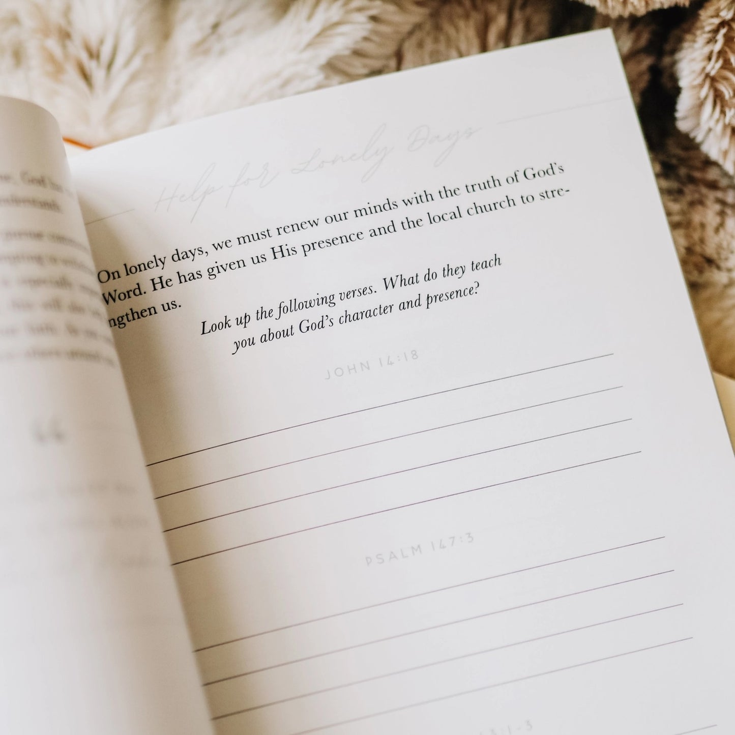 Inside pages of Gospel Hope in Grief and Loss journal showing guided prompts and journaling questions for processing grief through faith and scripture reflection
