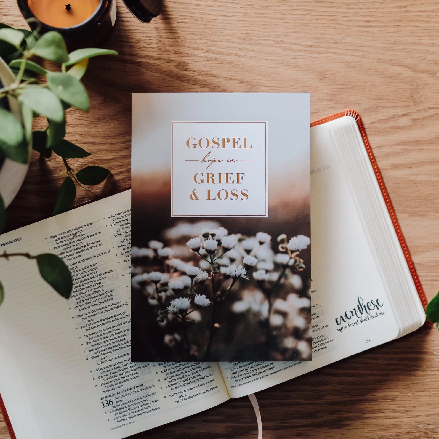 Gospel Hope in Grief and Loss journal resting on open Bible, faith-based grief journaling for processing loss and finding hope in scripture