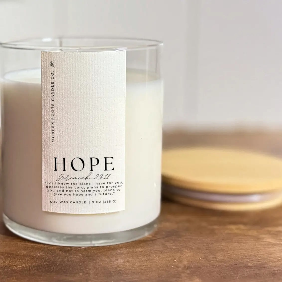 Hope candle with Jeremiah 29:11 verse, 9oz 100% natural soy wax in clear glass jar with Hibiscus & Agave scent, included in Anxiety & Peace Box for calming aromatherapy