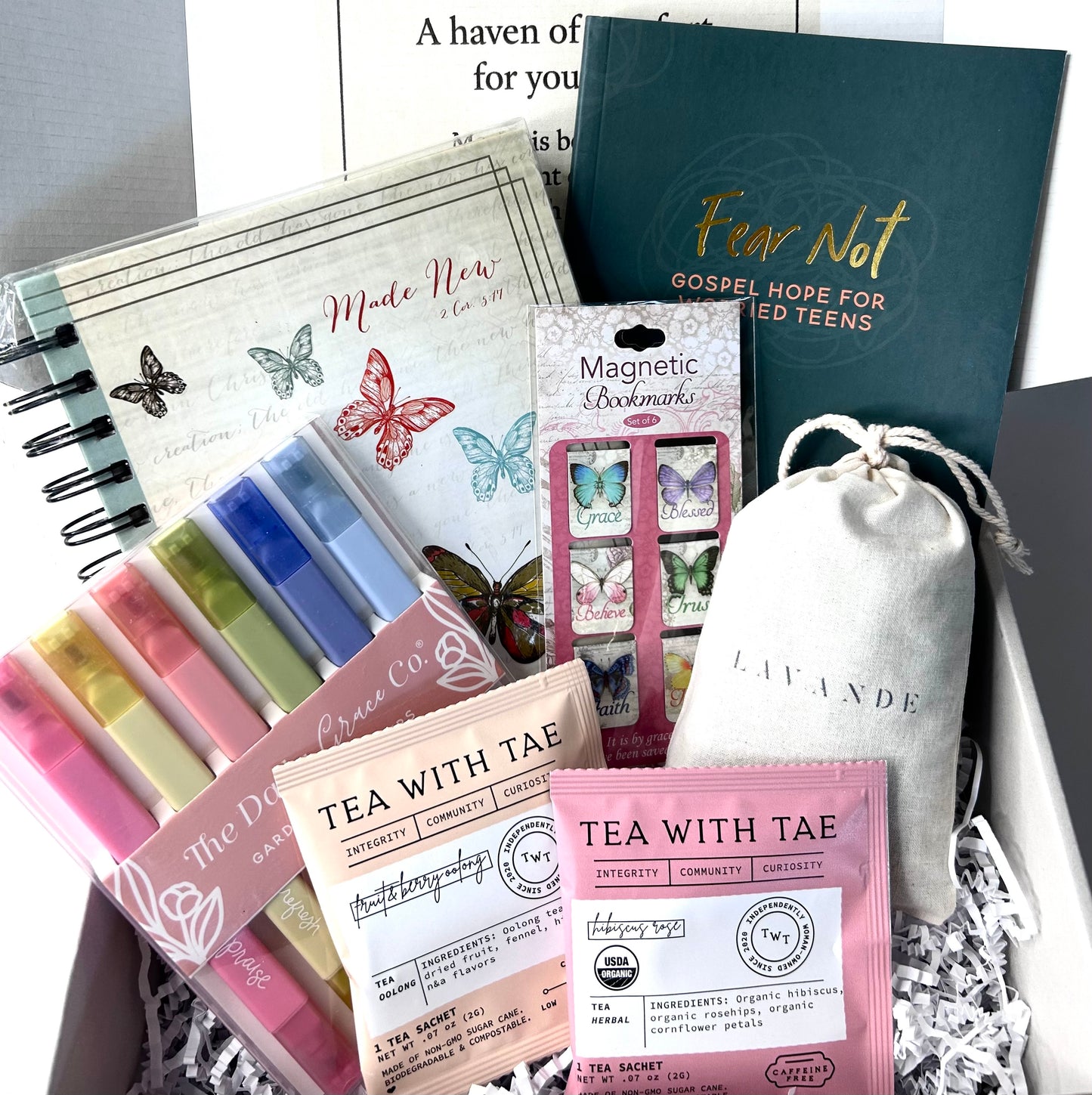 Fear Not Teen Girl Blessing Box - Gospel Hope Devotional, Butterfly Journal, Scripture Bookmarks, Bible Highlighters, Lavender Bud Sachet & Premium Tea Bags