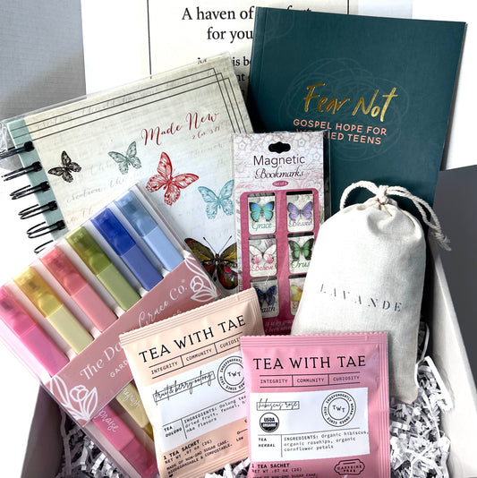 Fear Not Teen Girl Blessing Box - Gospel Hope Devotional, Butterfly Journal, Scripture Bookmarks, Bible Highlighters, Lavender Bud Sachet & Premium Tea Bags