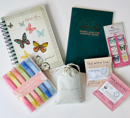Fear Not Teen Girl Blessing Box - Gospel Hope Devotional, Butterfly Journal, Scripture Bookmarks, Bible Highlighters, Lavender Bud Sachet & Premium Tea Bags