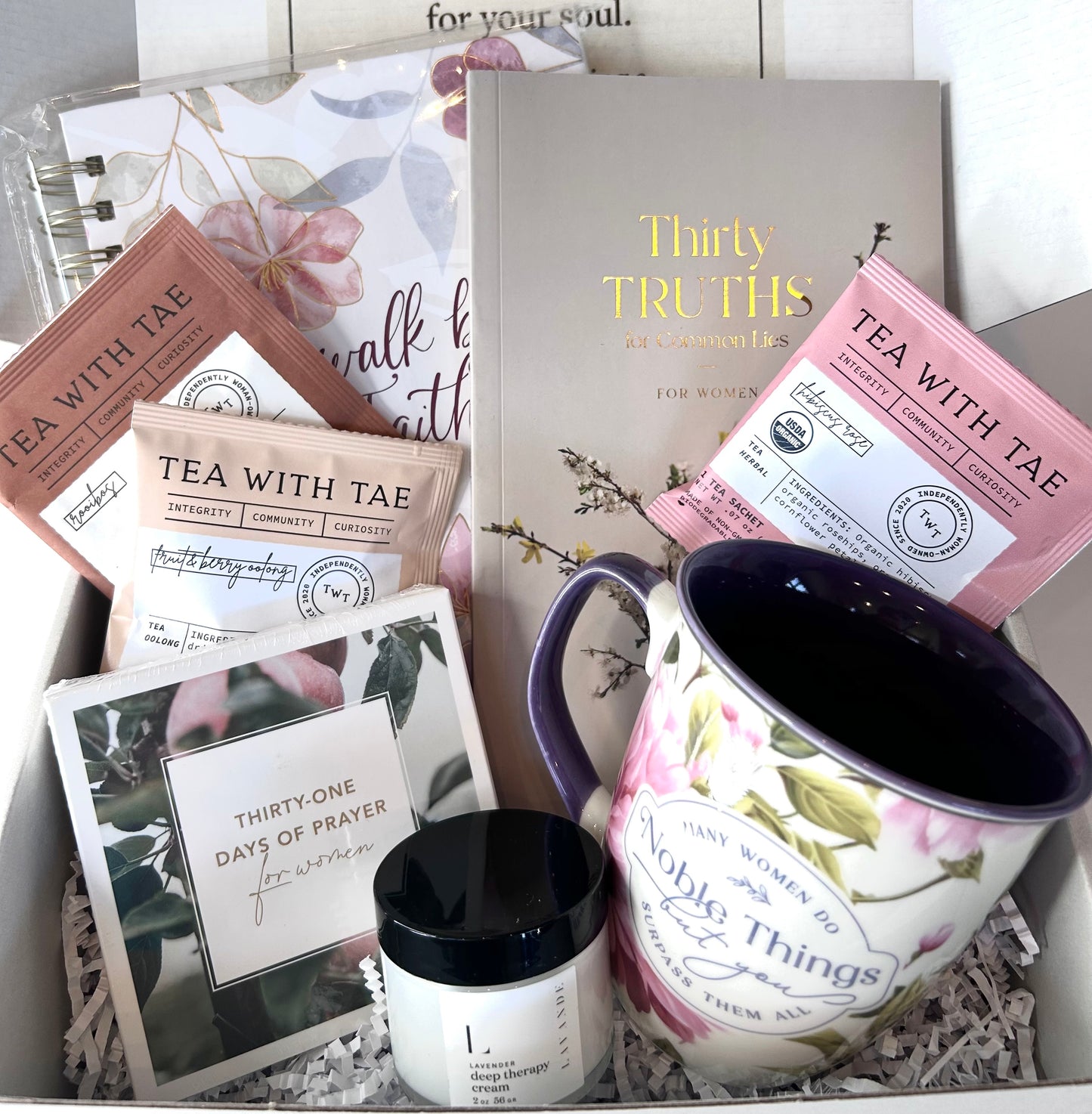 Walk by Faith Women's Blessing Box - Faith Devotional, Prayer Cards, Journal, Mug, Teas & Lavender Cream