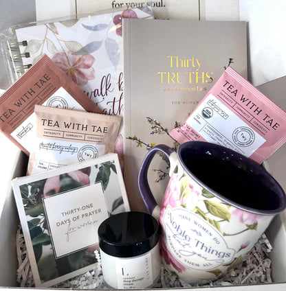 Walk by Faith Women's Blessing Box - Faith Devotional, Prayer Cards, Journal, Mug, Teas & Lavender Cream