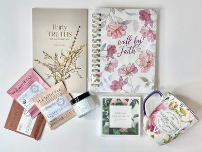Walk by Faith Women's Blessing Box - Faith Devotional, Prayer Cards, Journal, Mug, Teas & Lavender Cream