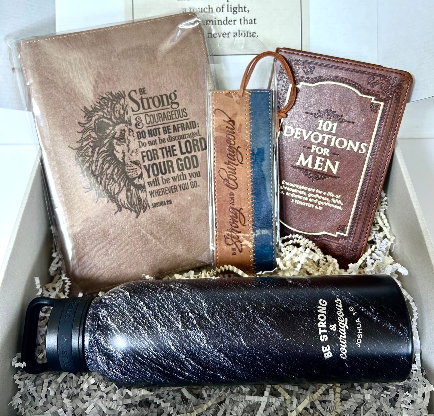 Be Strong & Courageous Box - Men's Devotional, Lion Journal, Bookmark & Water Bottle