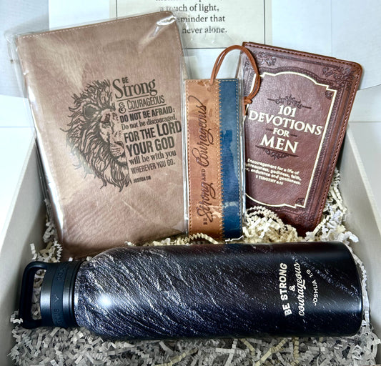 Be Strong & Courageous Box - Men's Devotional, Lion Journal, Bookmark & Water Bottle