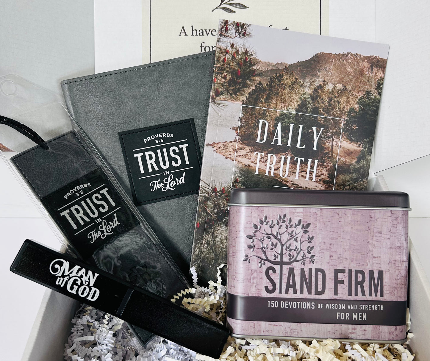 Trust in the Lord Box for Men - Devotional Cards, Daily Truth Book, Journal, Bookmark & Gift Pen