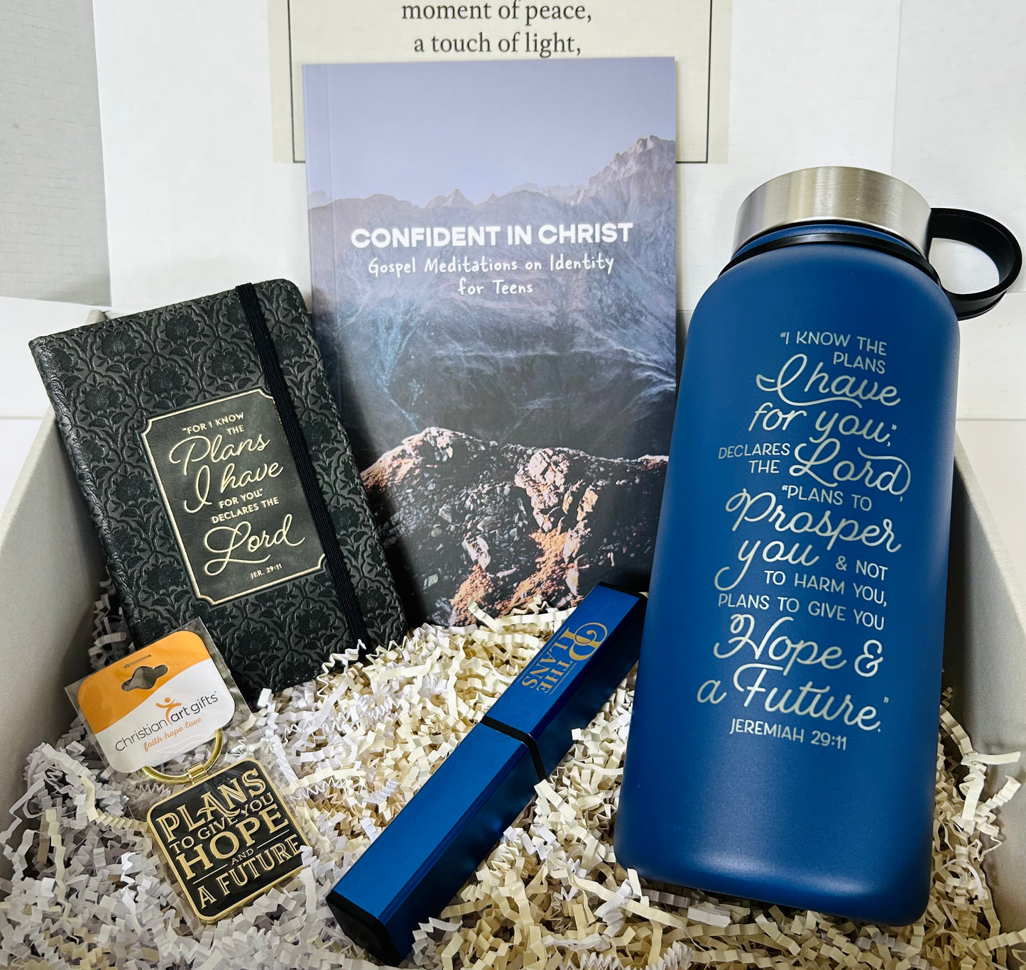 I Know the Plans Teen Boy Blessing Box - Faith Devotional, Notebook, Water Bottle, Pen & Keychain