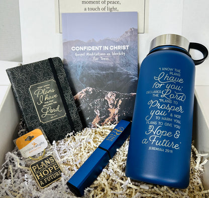I Know the Plans Teen Boy Blessing Box - Faith Devotional, Notebook, Water Bottle, Pen & Keychain
