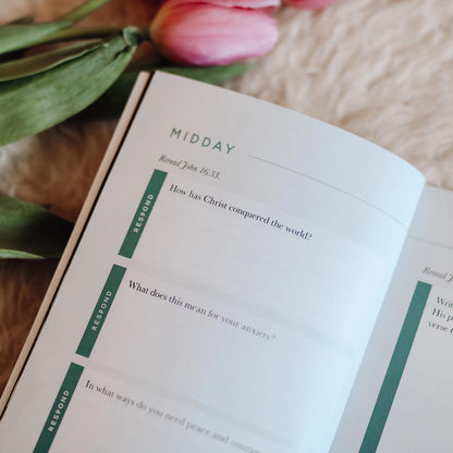 Meditations for Anxiety booklet open to reflection page featuring Bible verse, guided question prompts, and blank writing space for personal journaling and spiritual reflection