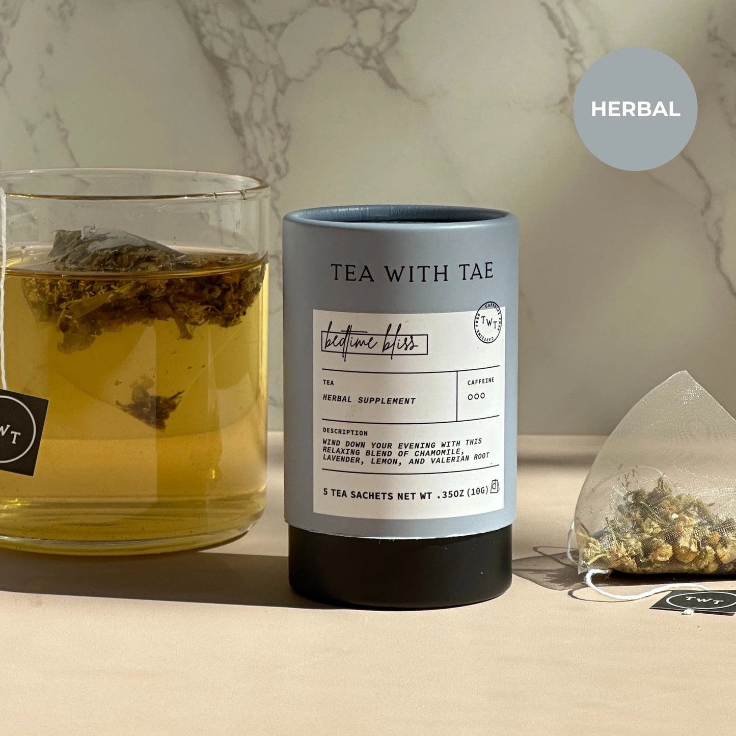 Nighttime Routine Sleep Tea mini tube gift with 5 eco-friendly biodegradable pyramid tea sachets, blended with chamomile, lavender, lemon verbena, spearmint, and valerian root for natural sleep support