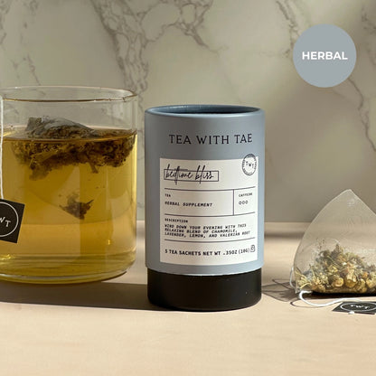 Nighttime Routine Sleep Tea mini tube gift with 5 eco-friendly biodegradable pyramid tea sachets, blended with chamomile, lavender, lemon verbena, spearmint, and valerian root for natural sleep support