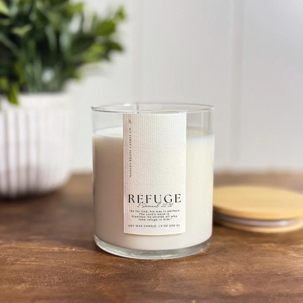 Refuge sea salt and ozone scented soy candle featuring 2 Samuel 22:31 scripture verse 'As for God, his way is perfect: The Lord's word is flawless; he shields all who take refuge in him' - 9 oz natural soy wax candle