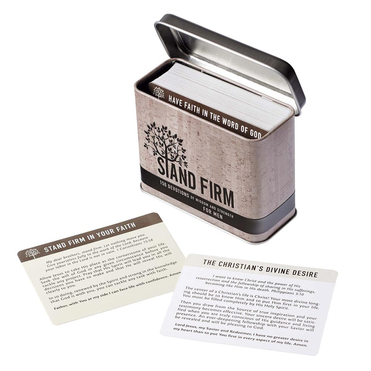 Stand Firm devotional cards in opened decorative tin with two sample cards displayed showing devotion, Scripture and prayer format - 150 devotions on 75 double-sided cards for daily biblical encouragement for men to stand strong in faith