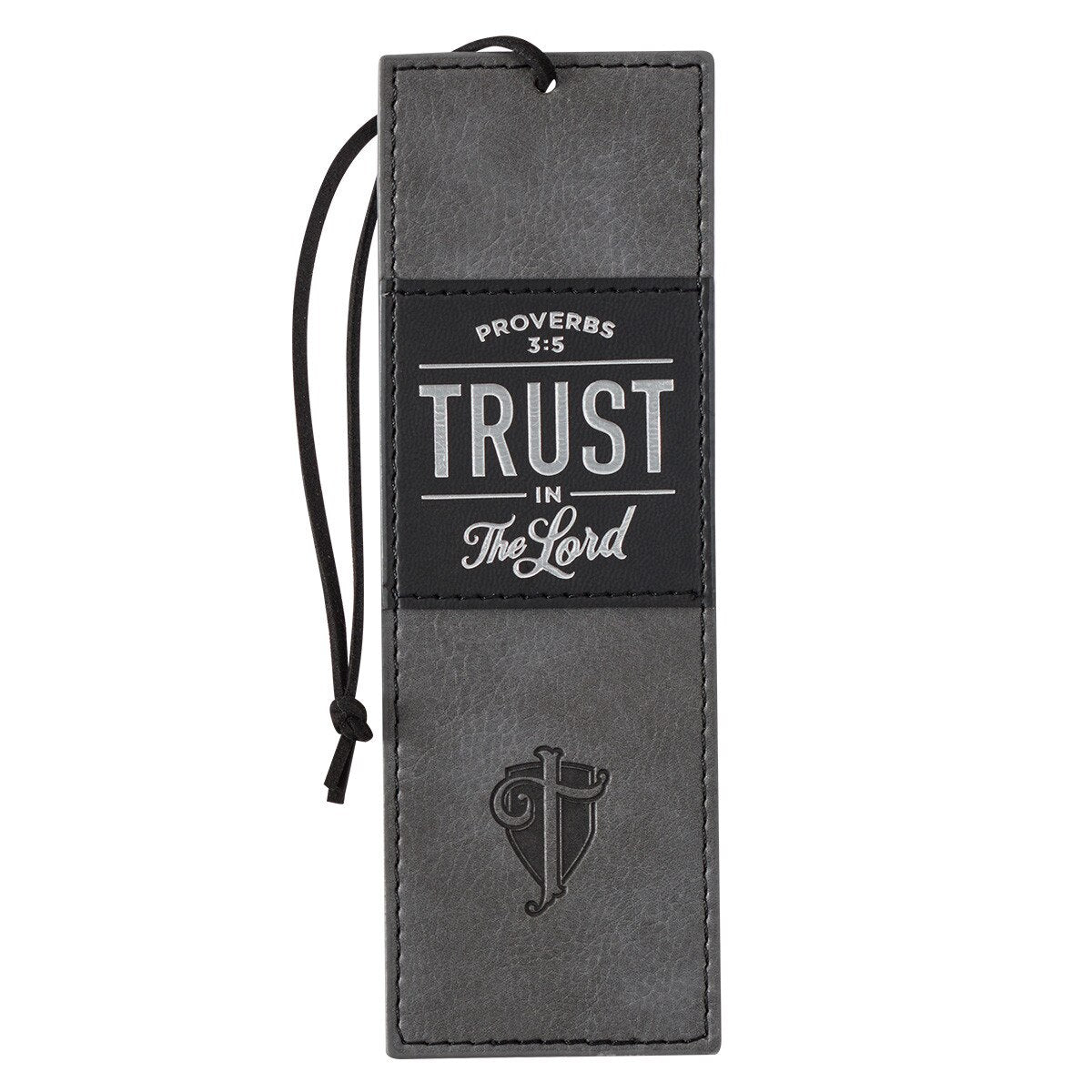 Trust in the LORD gray and black faux leather bookmark front view with black appliquéd patch, silver-foiled Proverbs 3:5 text and heat-debossed ornate T over crest design - durable bookmark with leather cord for marking Bible passages