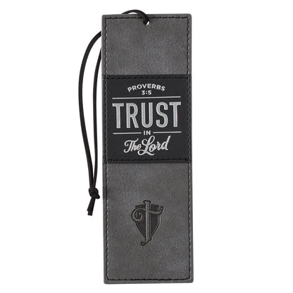 Trust in the LORD gray and black faux leather bookmark front view with black appliquéd patch, silver-foiled Proverbs 3:5 text and heat-debossed ornate T over crest design - durable bookmark with leather cord for marking Bible passages