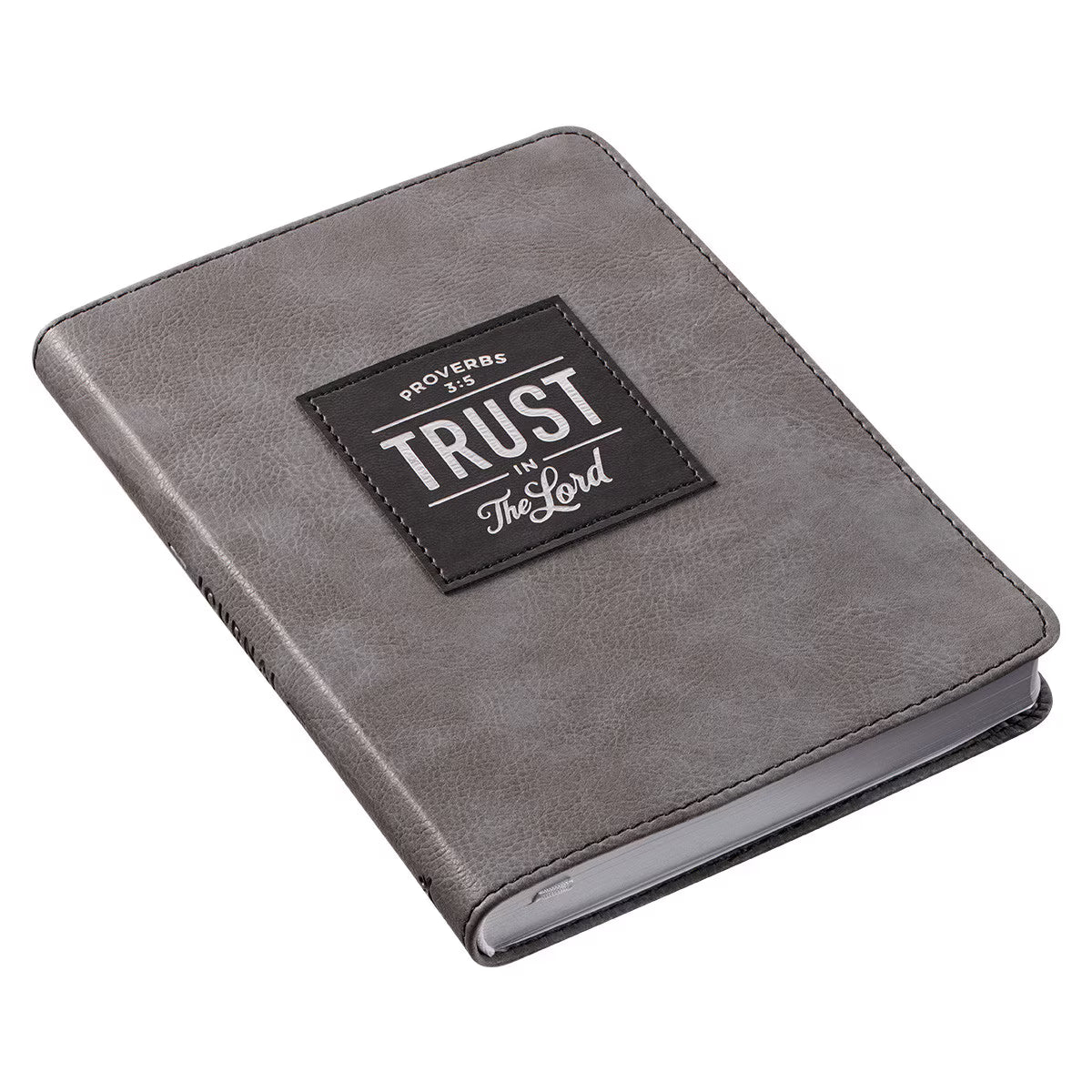 Trust in the Lord gray faux leather journal front cover with black appliquéd square and silver-foiled Proverbs 3:5 verse - handy-sized men's Christian journal with 240 lined pages for prayers, reflections and daily devotions