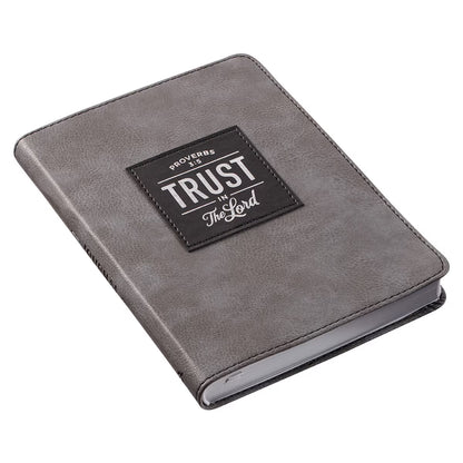 Trust in the Lord gray faux leather journal front cover with black appliquéd square and silver-foiled Proverbs 3:5 verse - handy-sized men's Christian journal with 240 lined pages for prayers, reflections and daily devotions