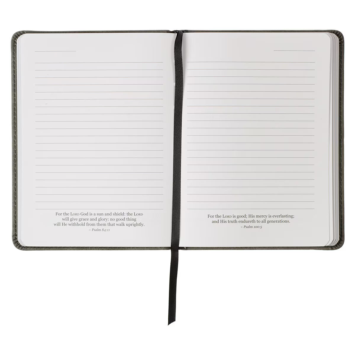 Inside pages of Trust in the Lord gray journal showing lined pages with Bible verses at bottom and silk ribbon bookmark - 240 pages with Scripture on each page for journaling prayers, goals and reflections with daily biblical encouragement