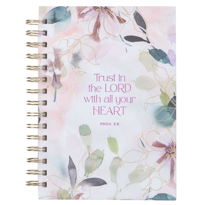 Trust in the Lord purple bloom spiral journal with Proverbs 3:5 'Trust in the Lord with all your heart' on front cover - faith-based prayer journal for anxiety relief and spiritual growth