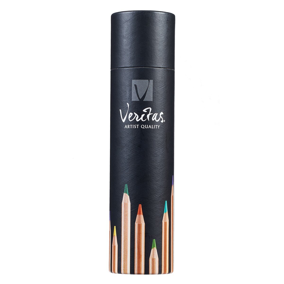 Assorted, non-toxic artist-quality 24-piece set of Veritas coloring pencils comes packaged in a sturdy lidded cylinder 